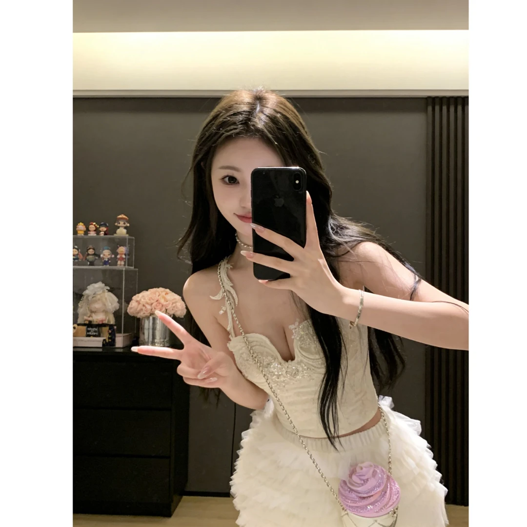 2026春季新款时尚蕾丝重工网纱钉珠亮片上衣女配显瘦半身裙套装