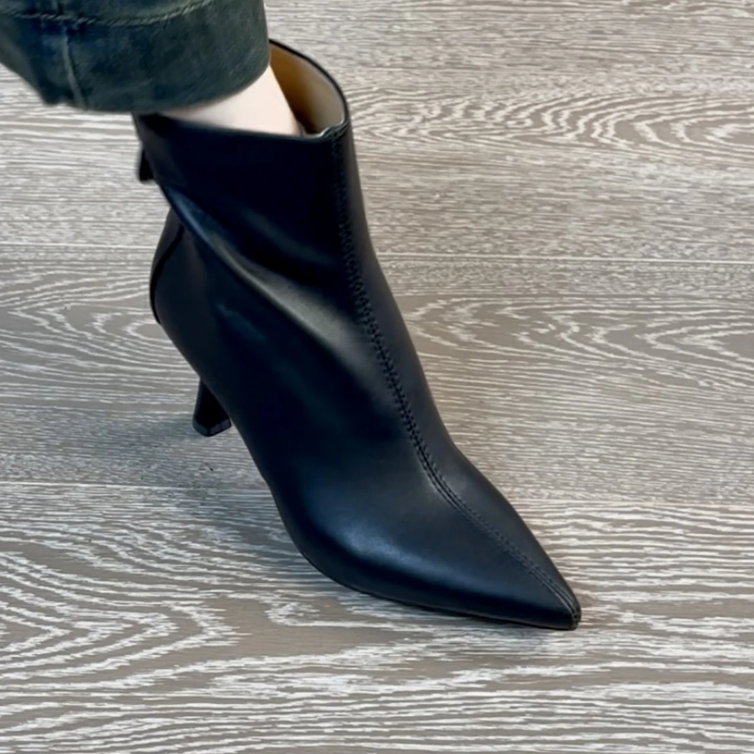 7CM牛皮跟尖头简约秋冬气质增高休闲风百搭后拉链轻奢高跟女鞋