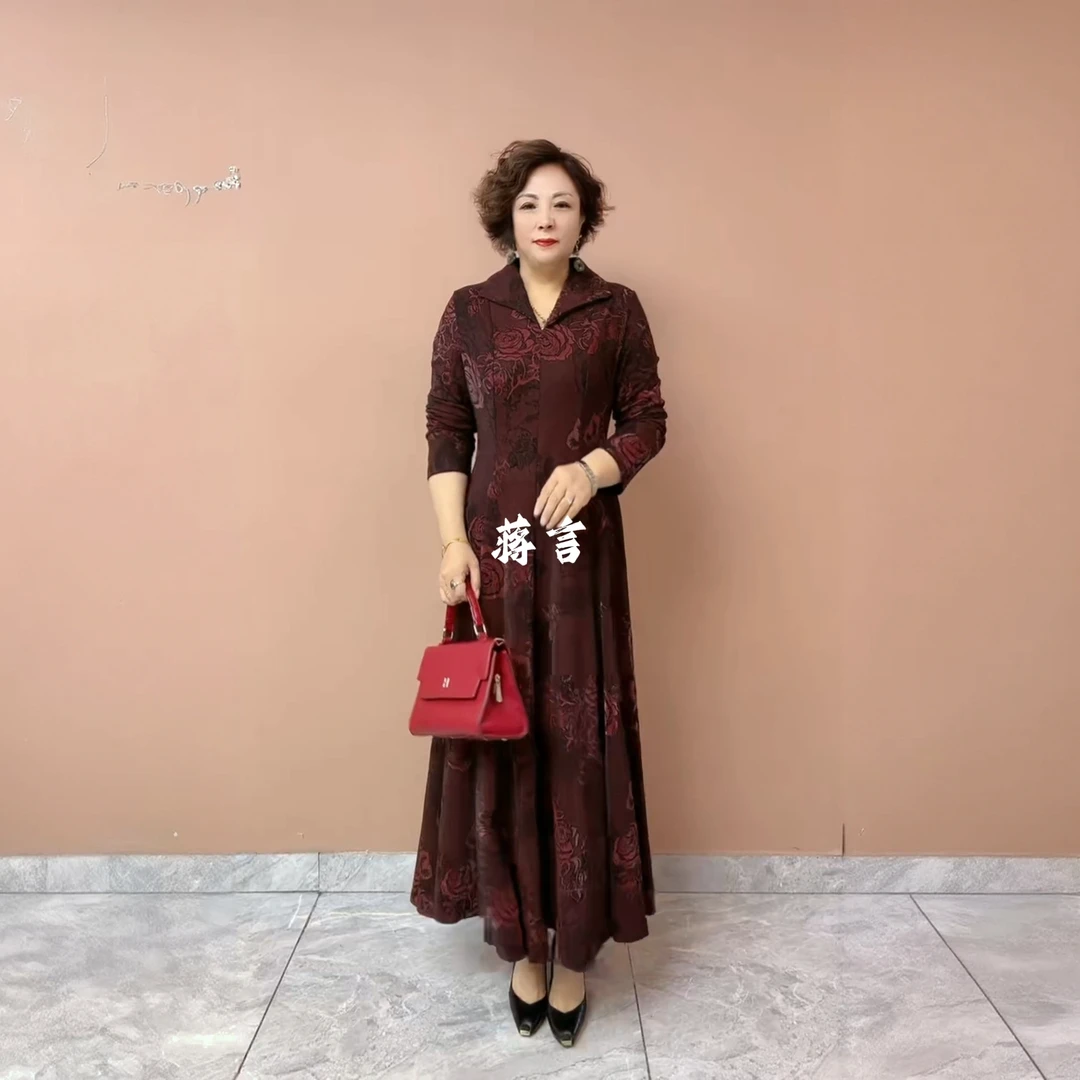 高档气质V连衣裙大弹力新款提花领摆长袖太太阔妈妈秋冬长款裙子