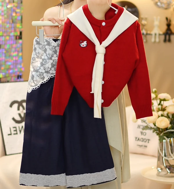 2025女童秋季百搭洋气甜美针织海军风开衫毛衣蕾丝花边裤子套装