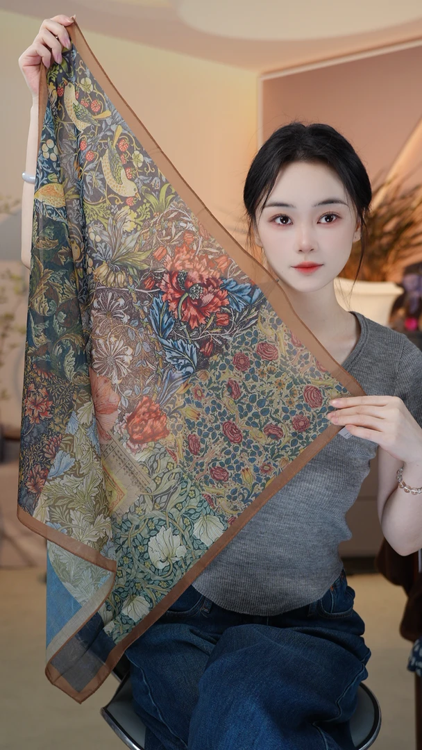 p19【复古花韵】 新款手工卷边70*70左右方巾夏季防晒小方巾