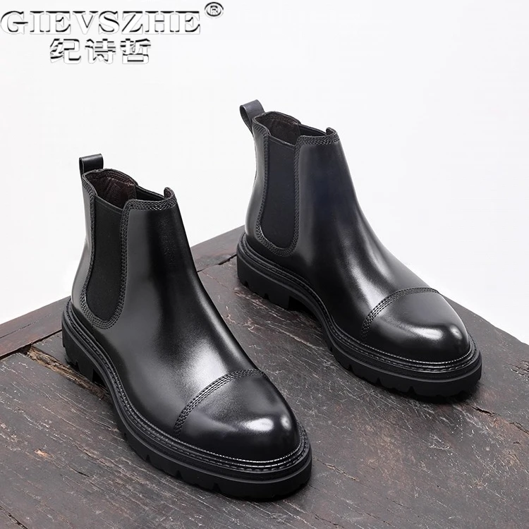 纪诗哲男鞋英伦厚底高帮手工皮鞋商务正装短靴子时尚轻便切尔西靴