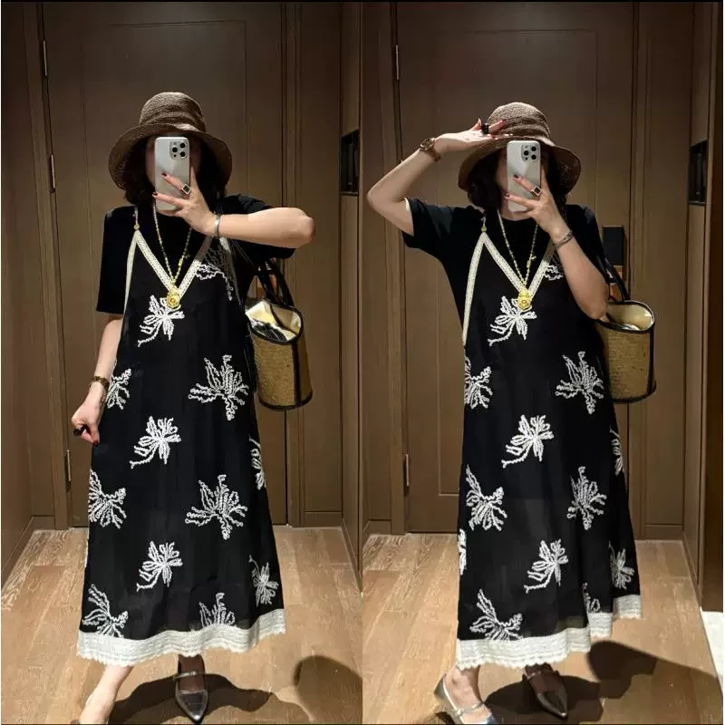 【花影叠】法式高品重工设计感刺绣短袖T恤与吊带裙套装