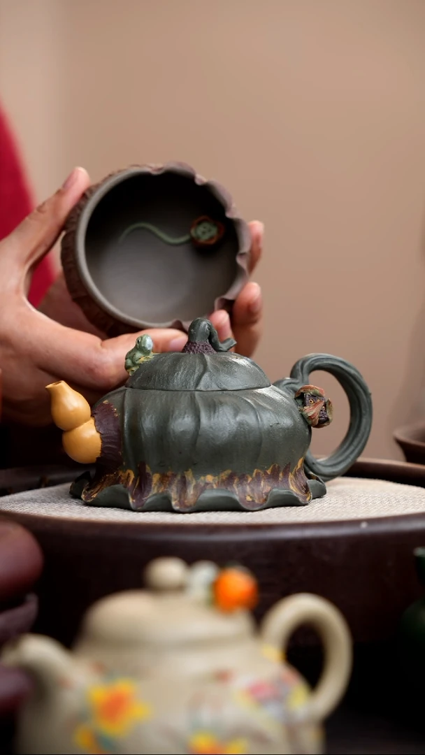 【闪购商品】紫砂茶壶端绿泥三色荷叶莲藕壶+杯017