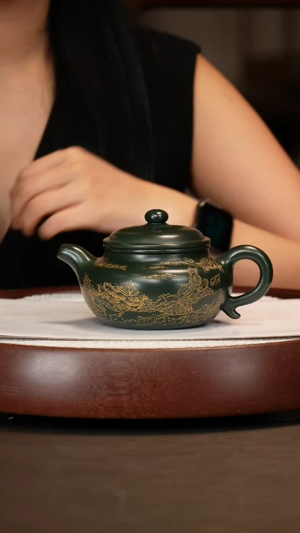 茶壶紫砂【邵忠源】大亨仿古大亨绿泥280cc+仿古壶承+套杯+画