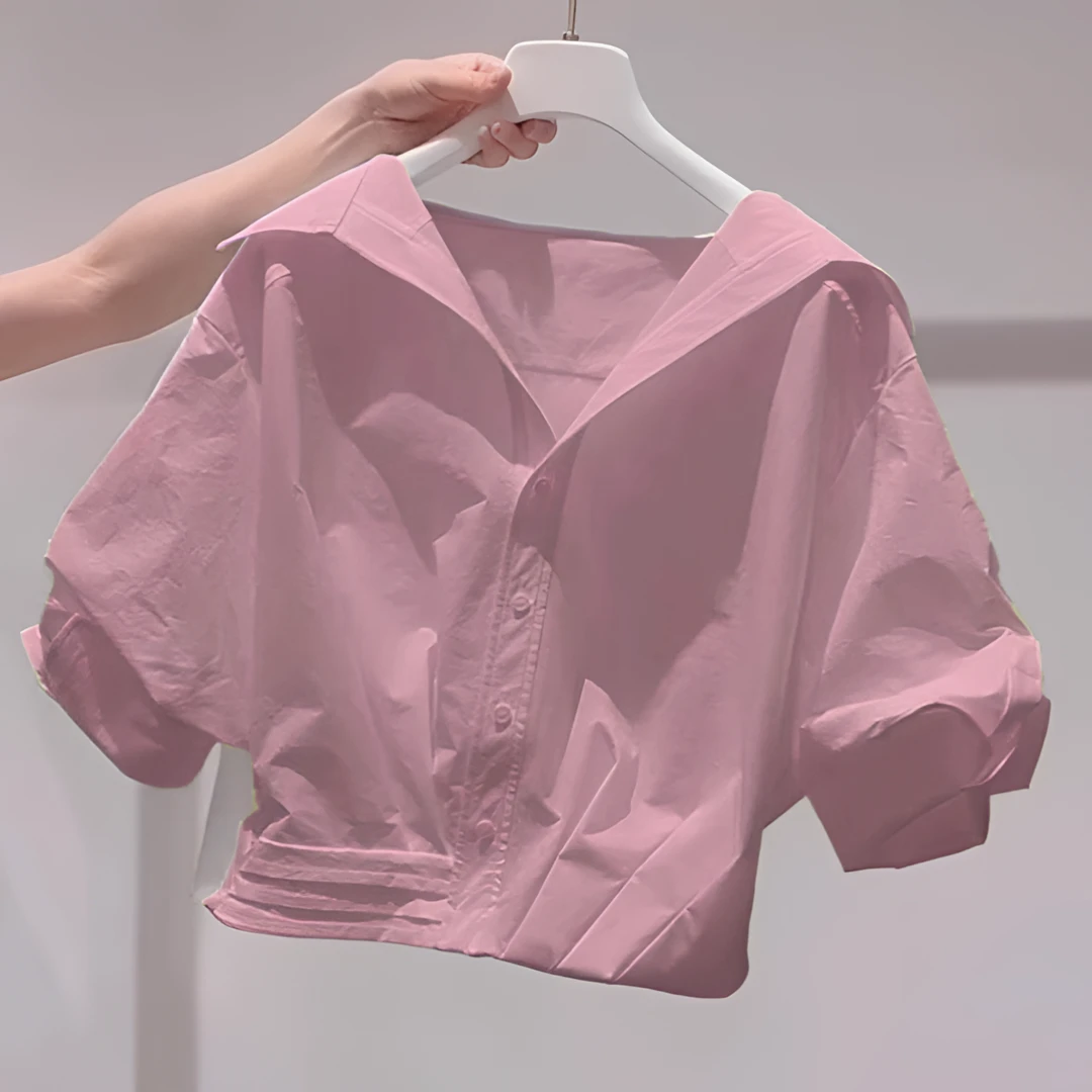 财阀千金女装樱花粉翻领泡泡袖衬衫夏季新款独特超好看短款小上衣