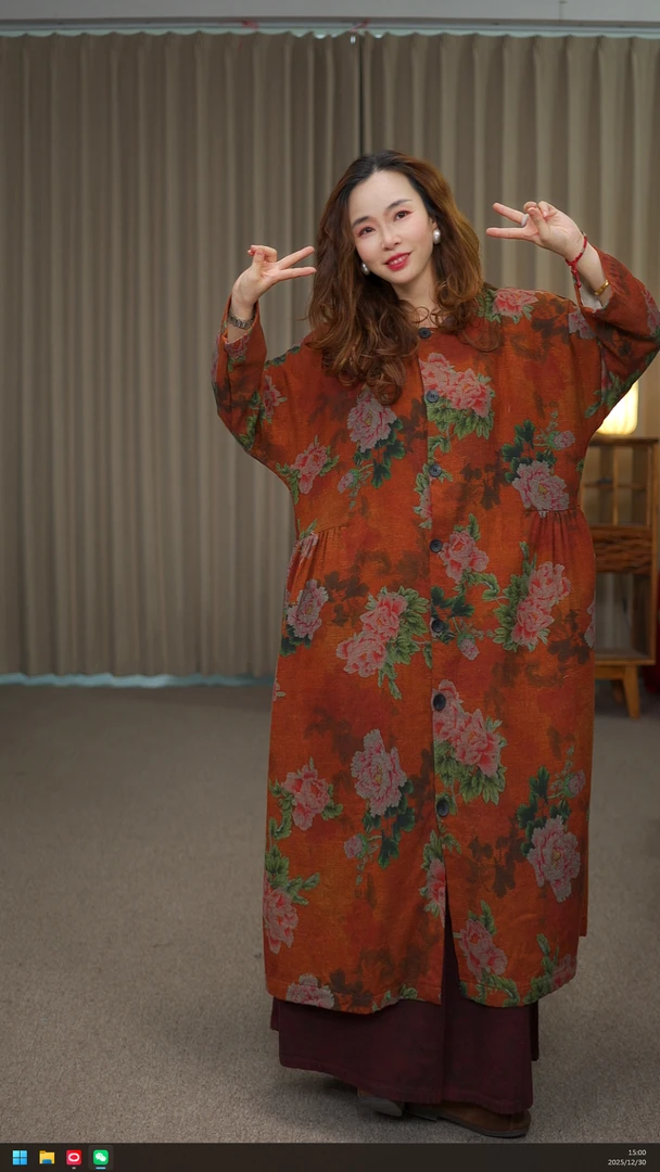 花璟与麻原创设计款单排扣印花连衣袍裙（裙长116胸围130)