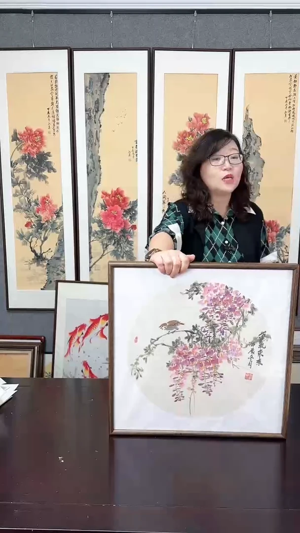 【闪购商品】国画实木装裱52*52 紫藤麻雀