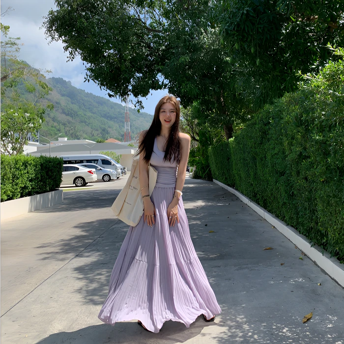 法式温柔甜美仙女紫色长裙女夏季新款时尚高腰显瘦百搭半身裙