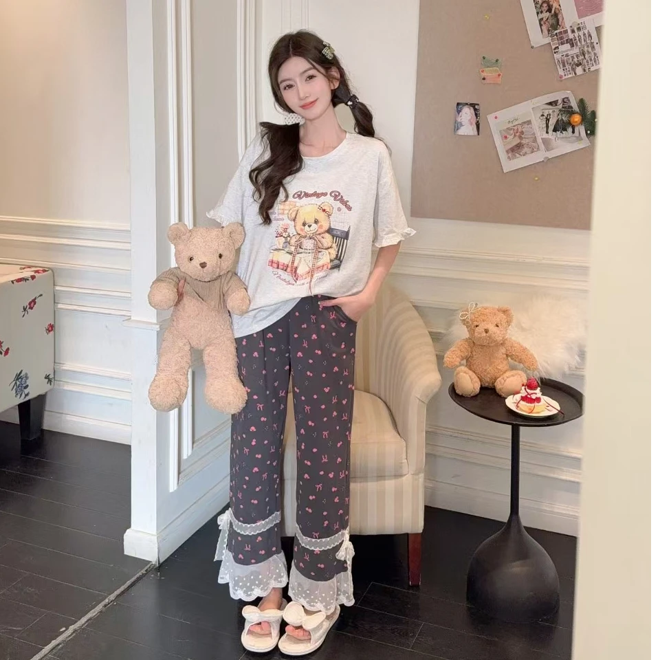 夏季卡通动漫短袖长裤睡衣家居服套装套装宽松韩版印花碎花舒适
