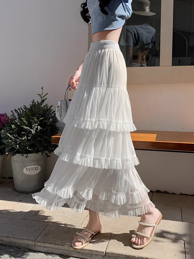 层次感微透网纱半身裙女春季芭蕾风高腰蛋糕裙显瘦A字裙