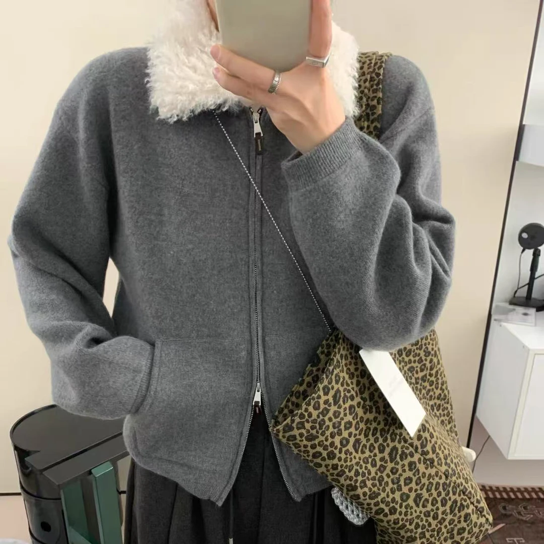 9308时髦腔调 仿羊羔毛领加绒双拉链卫衣