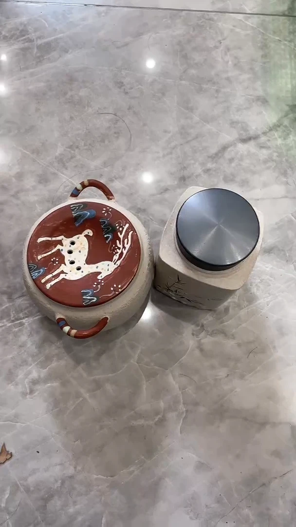 茶壶紫砂白泥青竹茶叶罐+九色鹿水盂