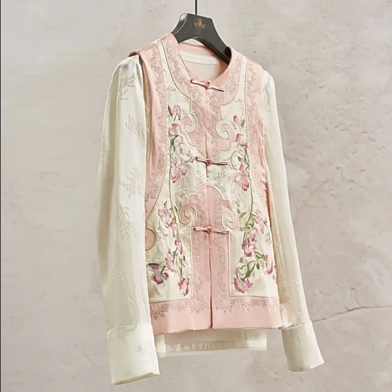 独特！新中式国风重工刺绣粉色马甲女上衣唐装印花盘扣马夹上衣