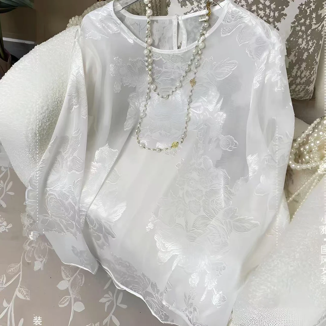 【白月光】小衫上衣长袖时尚设计师圆领重工提花衬衫上衣设计师圆领
