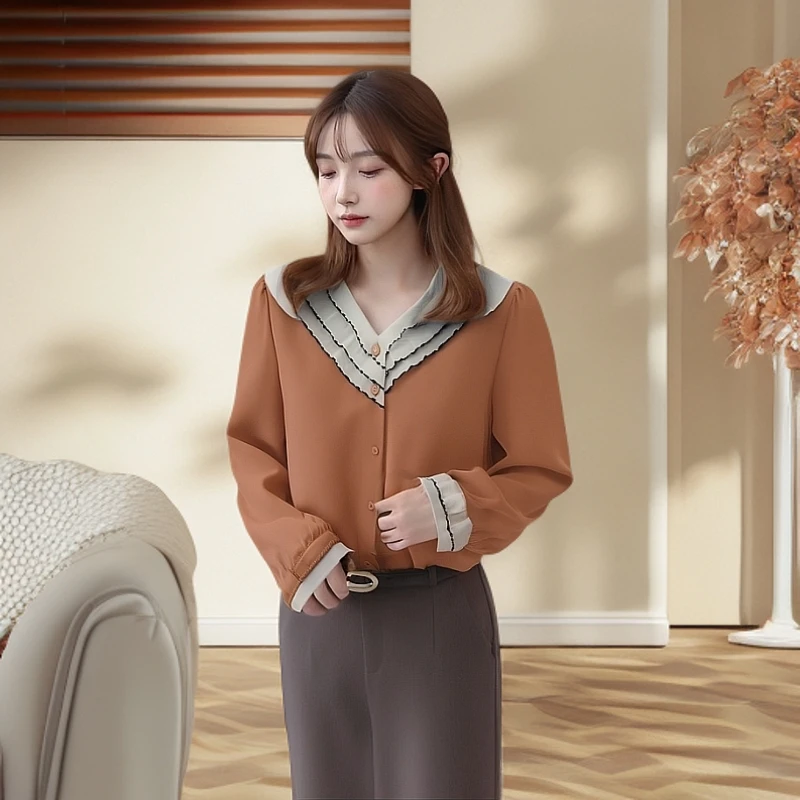 10欧若风衬衫砖红色时尚休闲女士衬衣气质洋气百搭法式长袖拼接