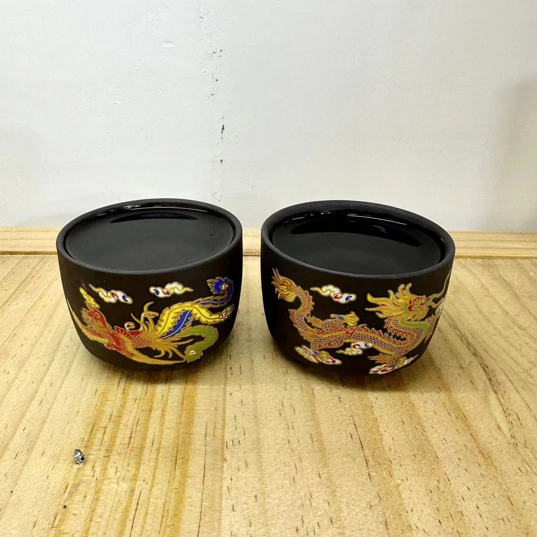 紫砂桶杯龙凤呈祥变色对杯一对