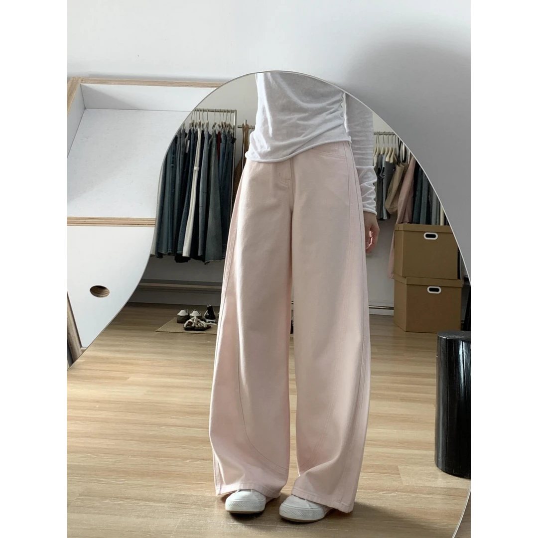 145小个子美式高街淡粉色牛仔裤女设计感高腰垂感直筒阔腿裤子潮