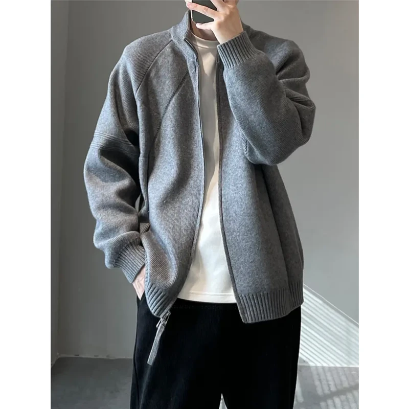 韩系极简风针织外套男装秋冬季休闲宽松大码简约立领针织开衫毛衣