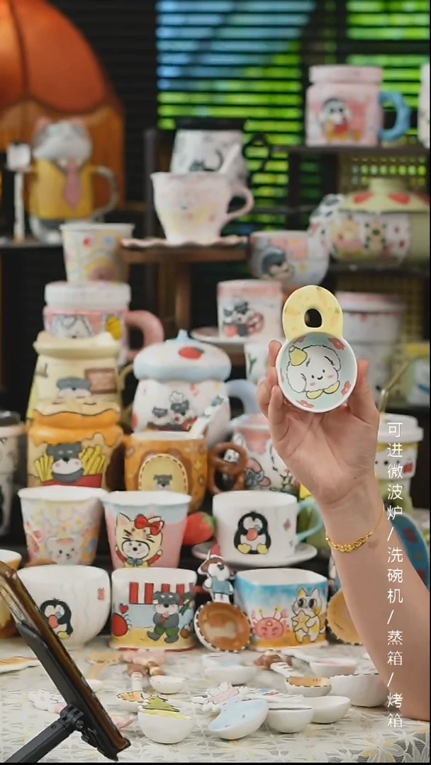 杯子景德镇高温釉下彩纯手绘创意瓷  西高地豆勺