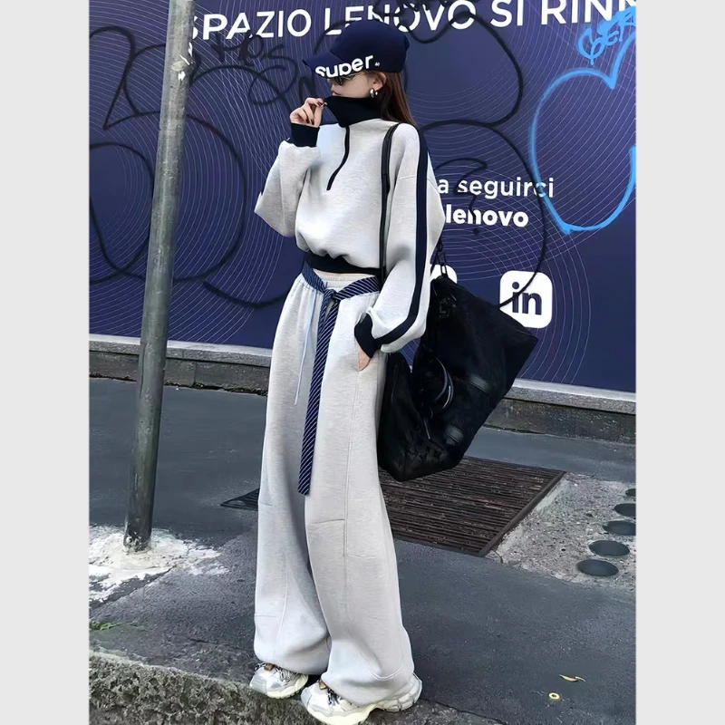 门店正品美式复古慵懒风运动卫衣套装女时髦撞色宽松休闲裤三件套