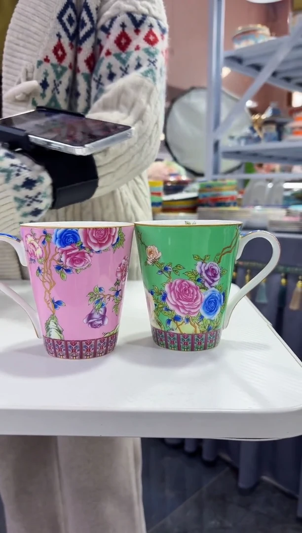 珐琅  牡丹花卉水杯2只装景德镇