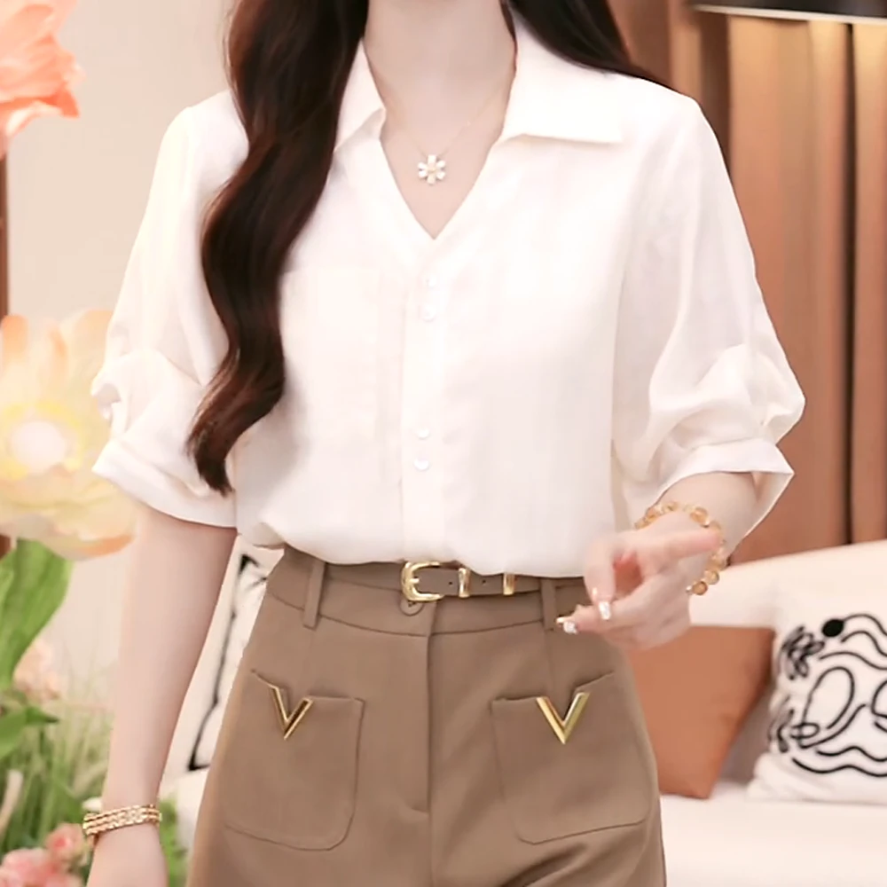 法式轻熟翻领短袖衬衫+短裤