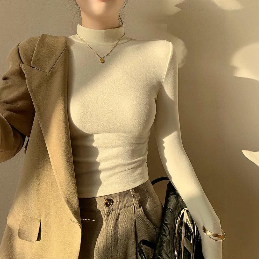 德绒半高领加厚打底衫女秋冬季内搭2025加绒加厚长袖白色精致上衣