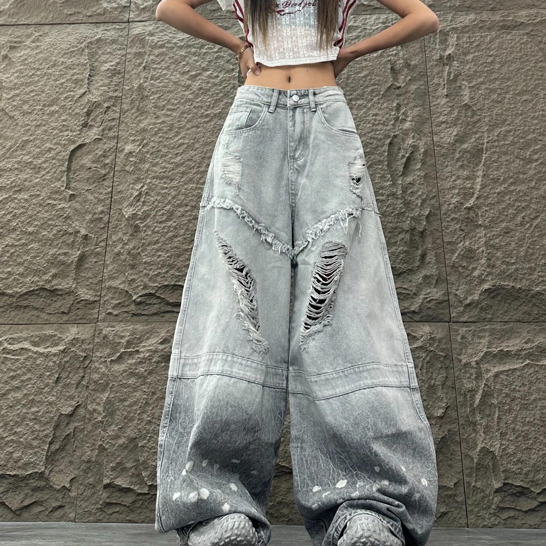 9365  夏季新款美式复古重工做旧设计感渐变色宽松阔腿牛仔裤潮