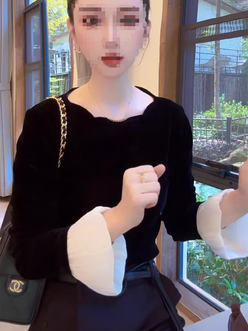 拿恋优选~早秋高端丝绒内搭打底衫女 一DZ98613拼接袖高级感长袖