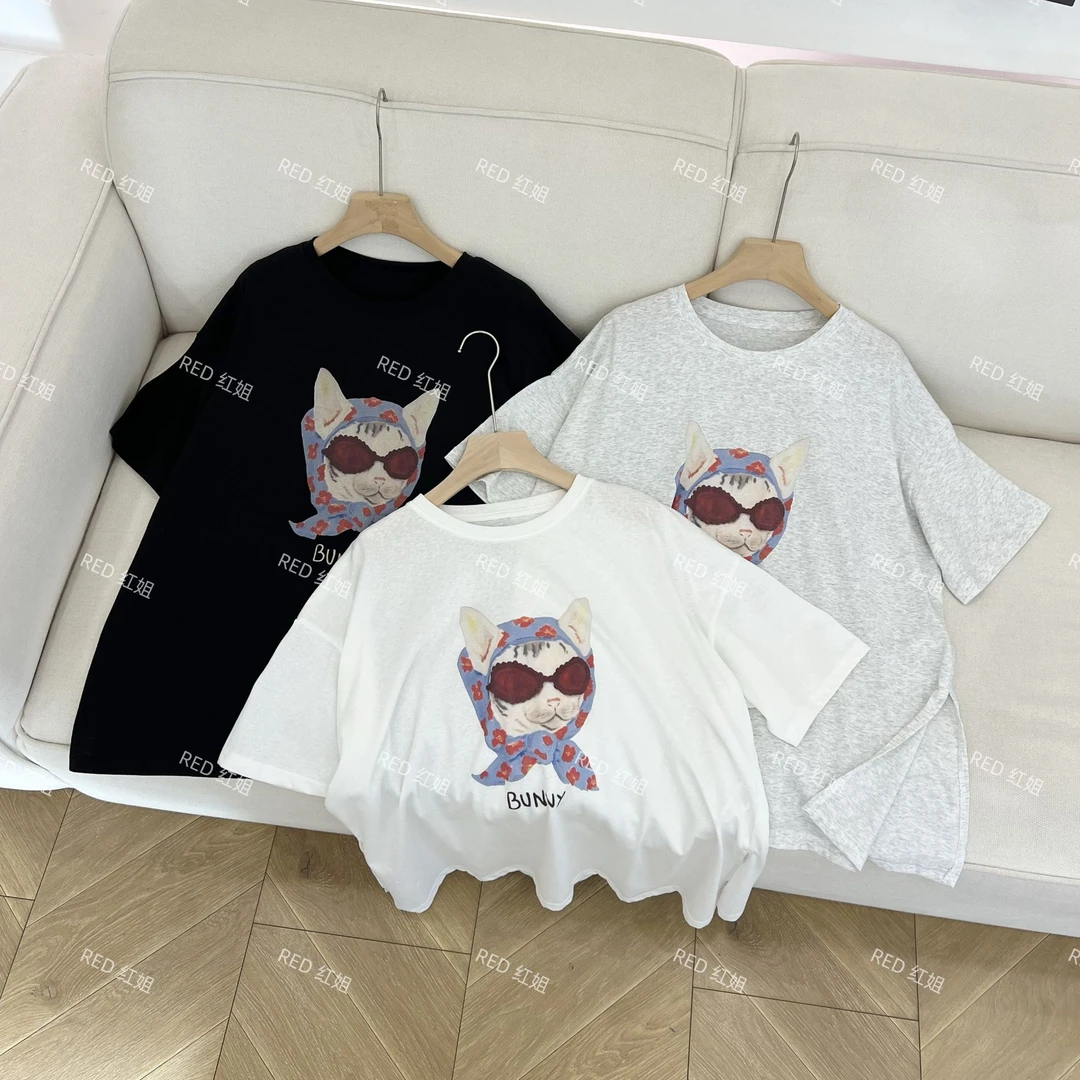 两边开叉大版T~雪花棉超舒适透气韩版宽松休闲开叉短袖T恤1910