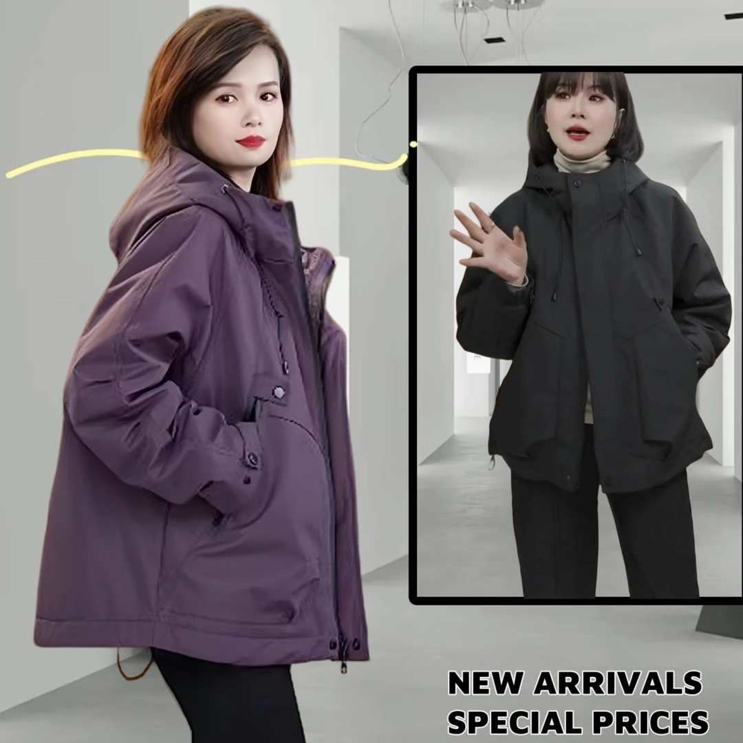 休闲短外套设计感连帽冲锋衣女款2025秋冬季大码显瘦百搭宽松风衣