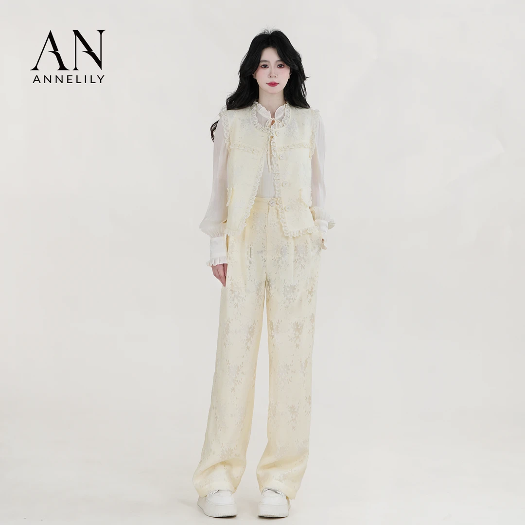 ANNELILY安甜甜【白尘】新款休闲百搭气质轻奢长裤套装AT2503145