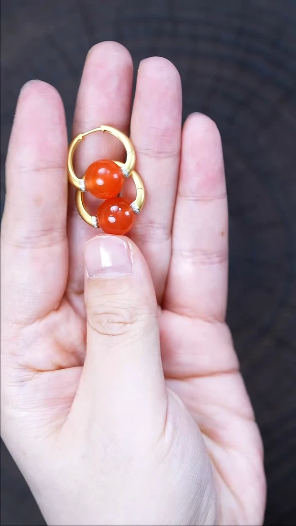 18K金镶嵌南红玛瑙耳饰无胶无裂保山原矿10mm冰红9052多样发其一