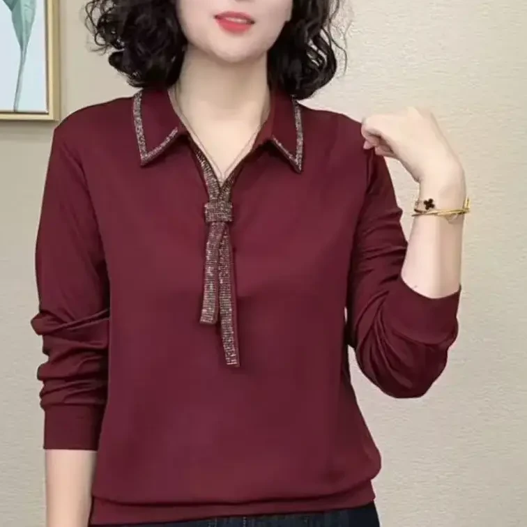 2025新款时尚翻领烫钻洋气百搭减龄显瘦长袖秋款女士气质纯色上衣