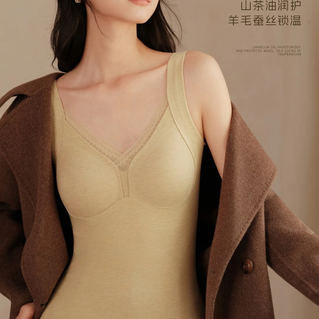 【山茶花美体衣】羊毛蚕丝保暖背心免穿内衣带胸垫内搭打底369