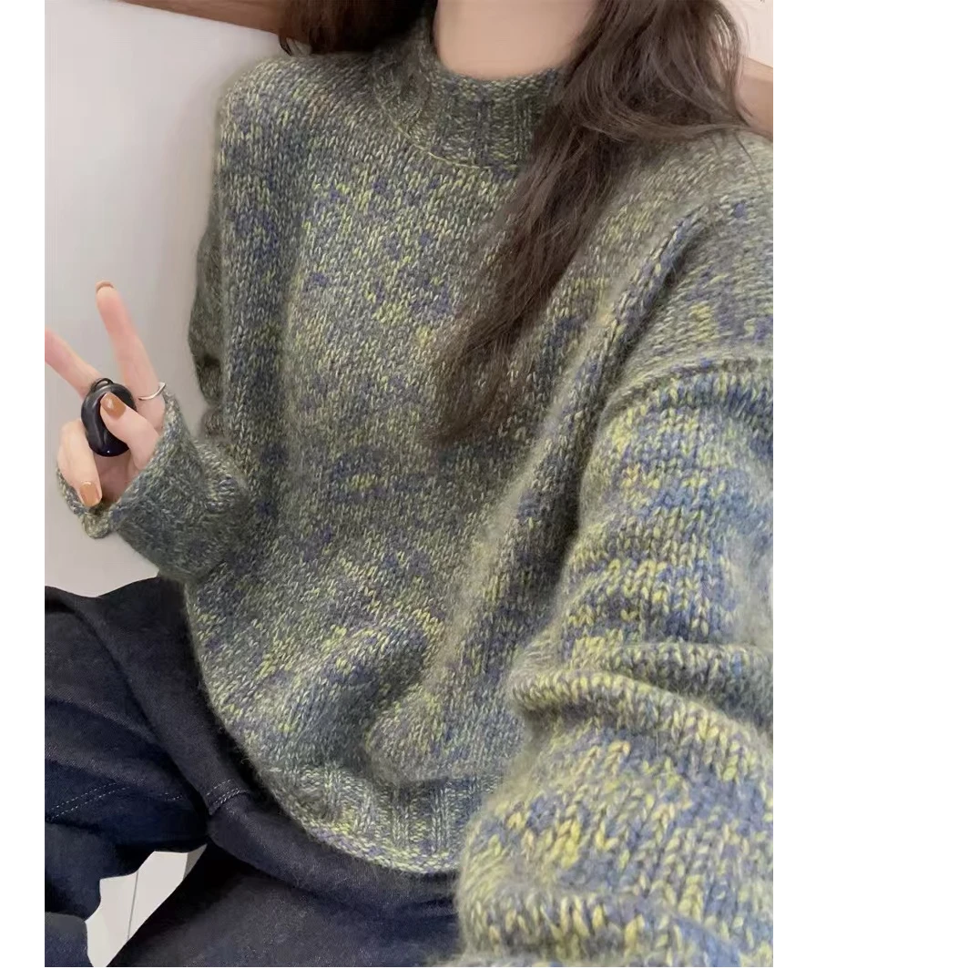 洋气毛衣套头女宽松百搭圆领慵懒风花纱针织衫外套气质上衣