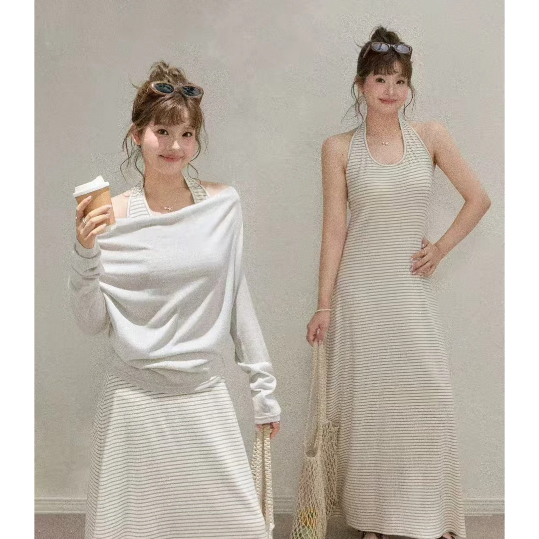 大码胖MM温柔甜美风条纹挂脖连衣裙荡领上衣套装气质显瘦时尚百搭