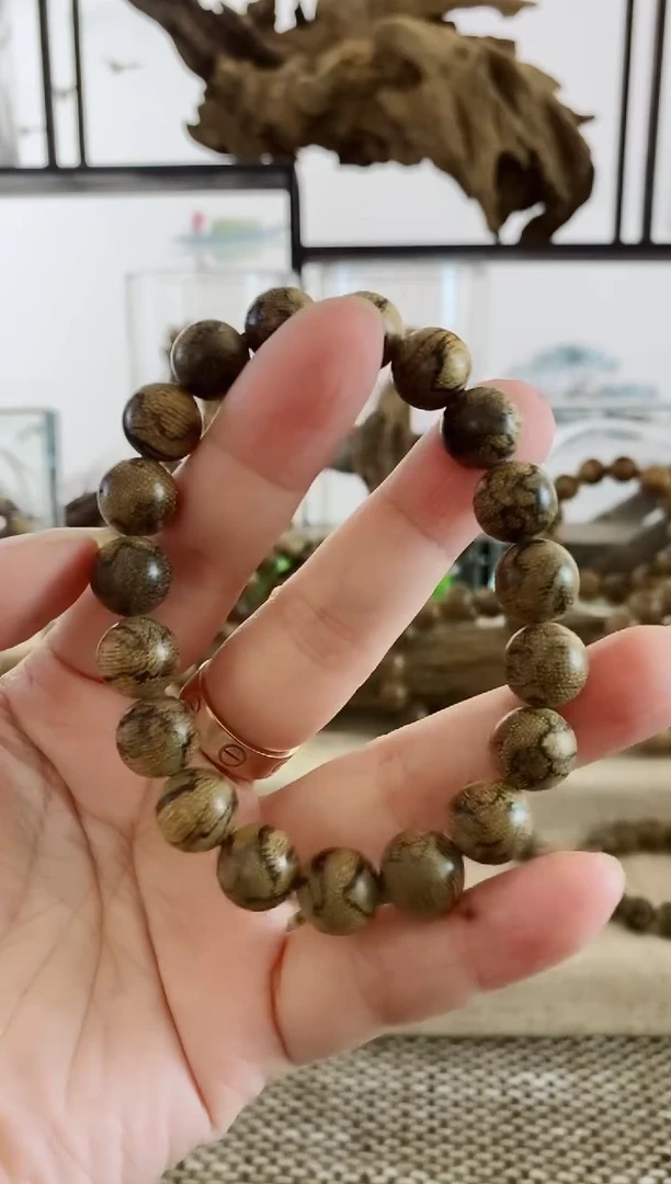沉香手串R*正区金星菩萨棋虎斑老料11+MM单圈