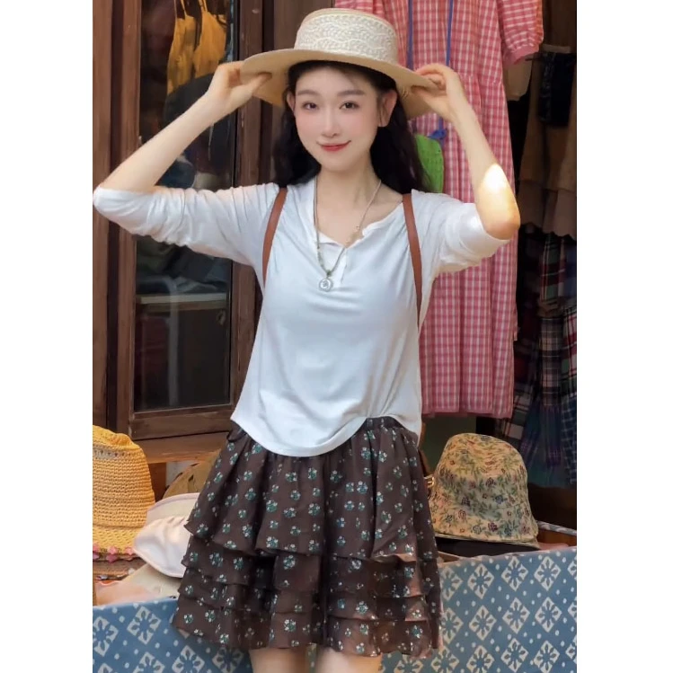 韩系复古防晒长袖上衣碎花蛋糕裙套装女夏日设计感减龄时髦两件套