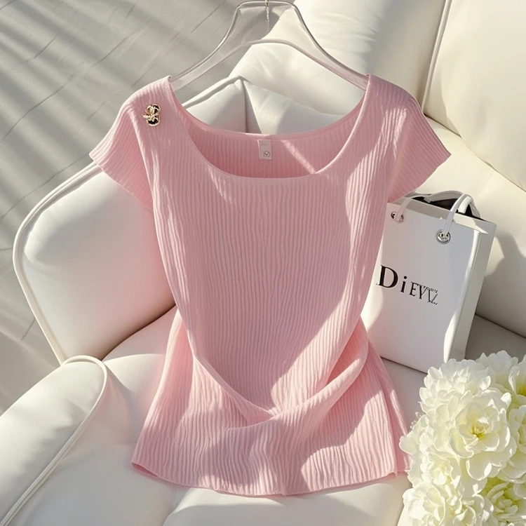 粉色冰丝正肩短袖t恤2025夏季新款高级感超好看独特漂亮方领上衣
