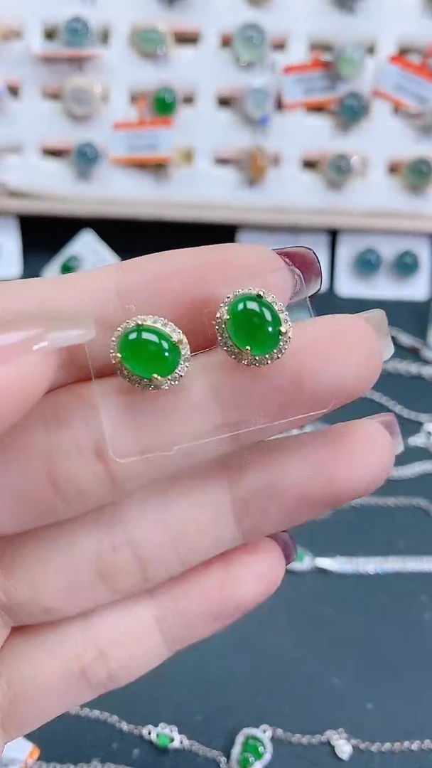 银S925镶嵌翡翠耳饰天然翡翠