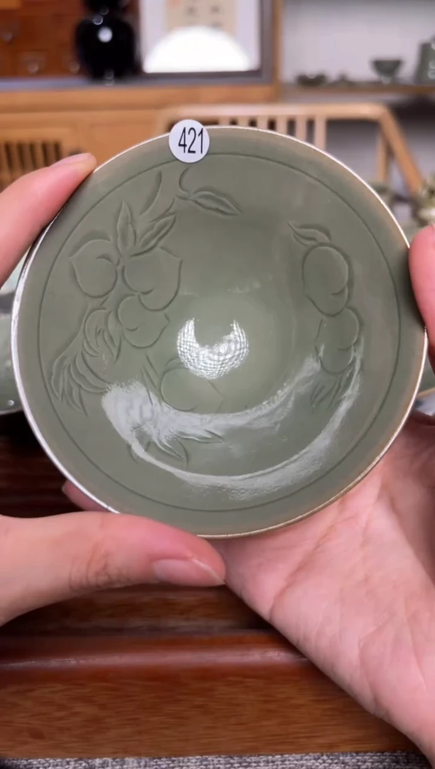 瓷器421纯手工秘色斗笠盏 微瑕
