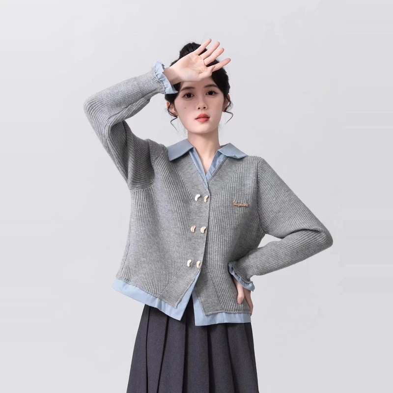 假两件POLO领毛衣女春秋2025新款学院风拼接针织开衫外套短款上衣