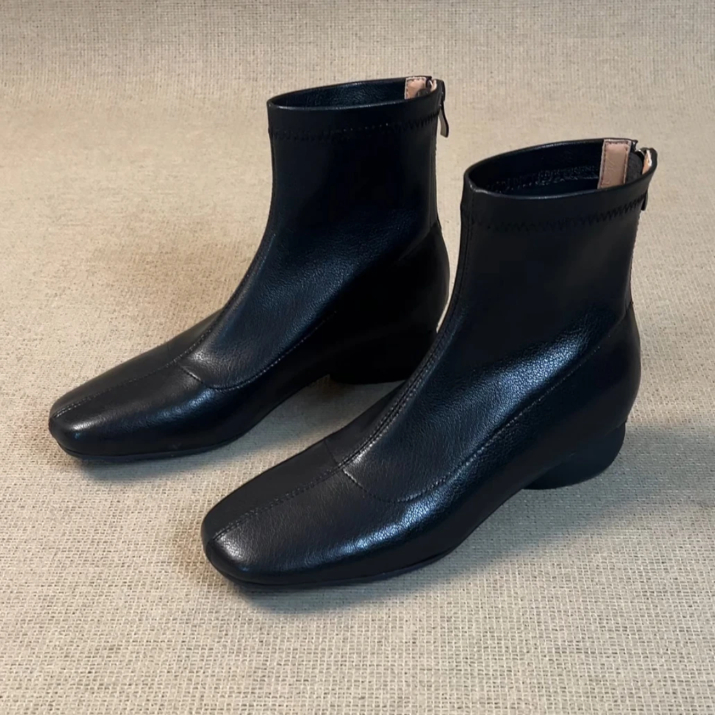 RubyL/3cm简约通勤百搭舒适后拉链方头粗跟短筒弹力瘦瘦靴女款