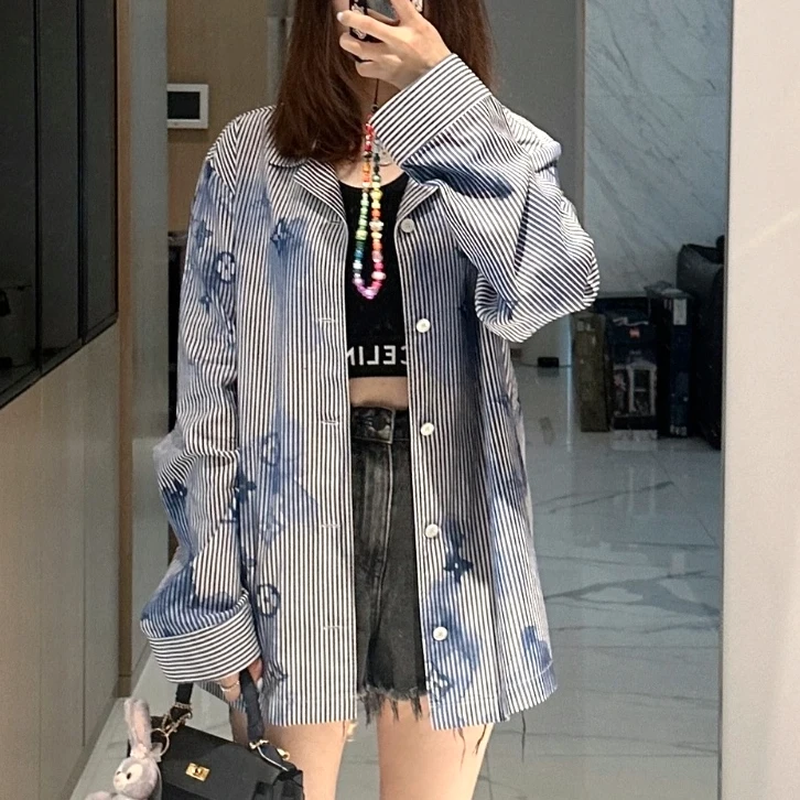 99新 LouisVuitton/路易威登 XL码水墨字母印花竖条纹衬衫