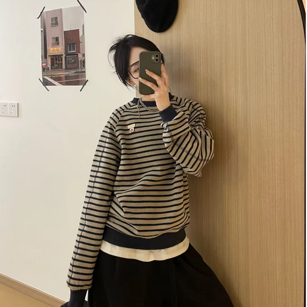 【小蔡定制】小圆领藏青拼灰条纹卫衣韩系休闲显白不加绒单款