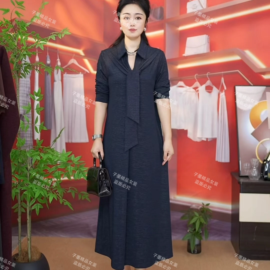 长袖中长裙翻领秋季休闲风连衣裙休闲女装气质女士连衣裙