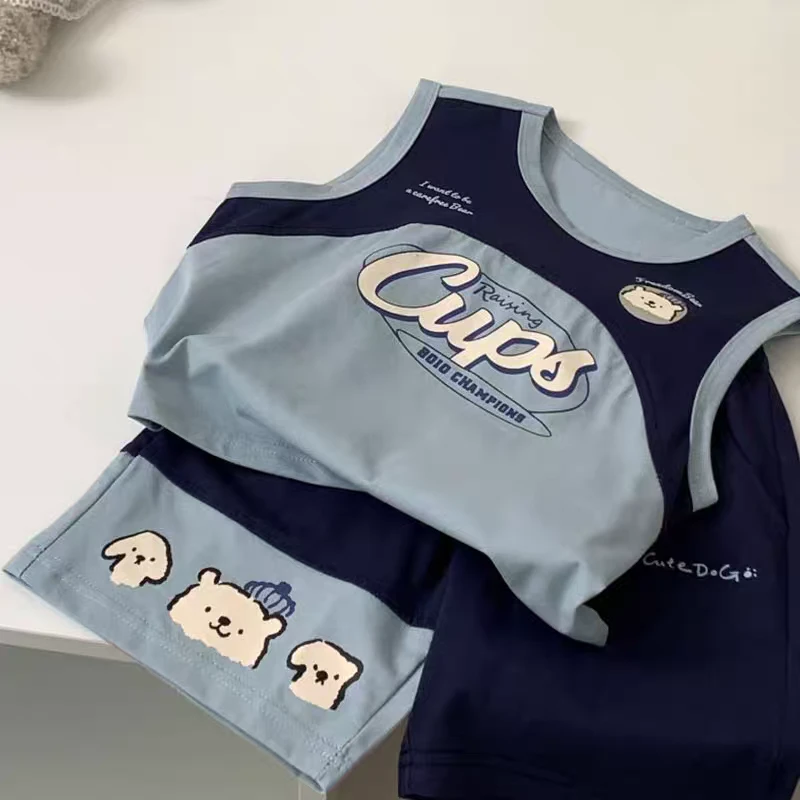 夏季新款男童卡通无袖休闲短裤套装洋气韩版纯棉