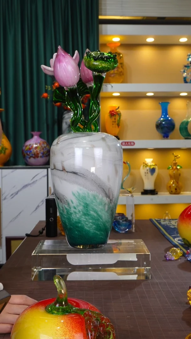 手工艺品琉璃莲花花枝一套5支+花瓶